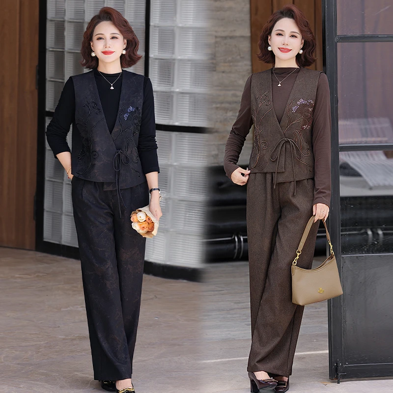 洋气妈妈秋装套装2025新款阔太太马甲上衣服中老年女装春秋三件套