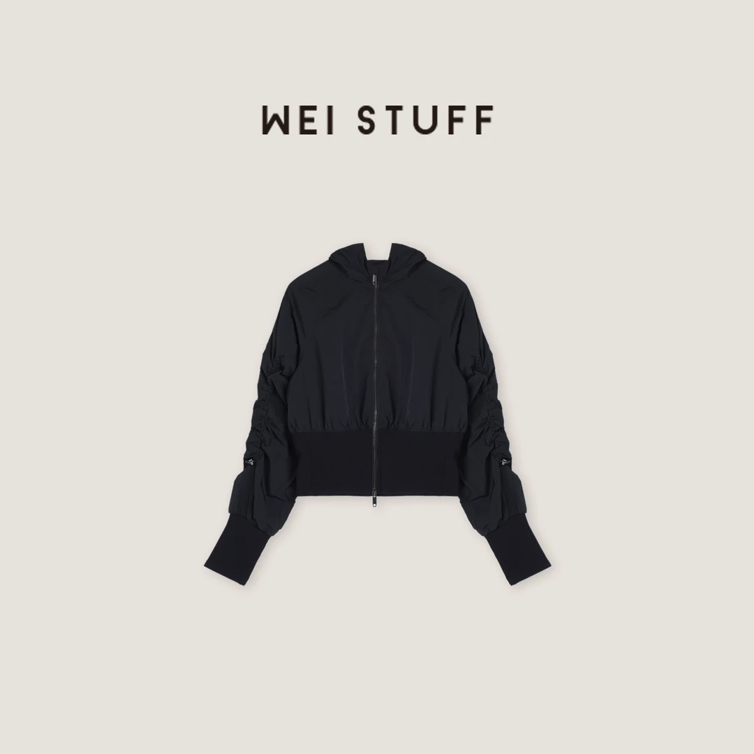 WEI STUFF 春季黑色短款休闲洋气褶皱抽绳长袖束腰短外套 6244