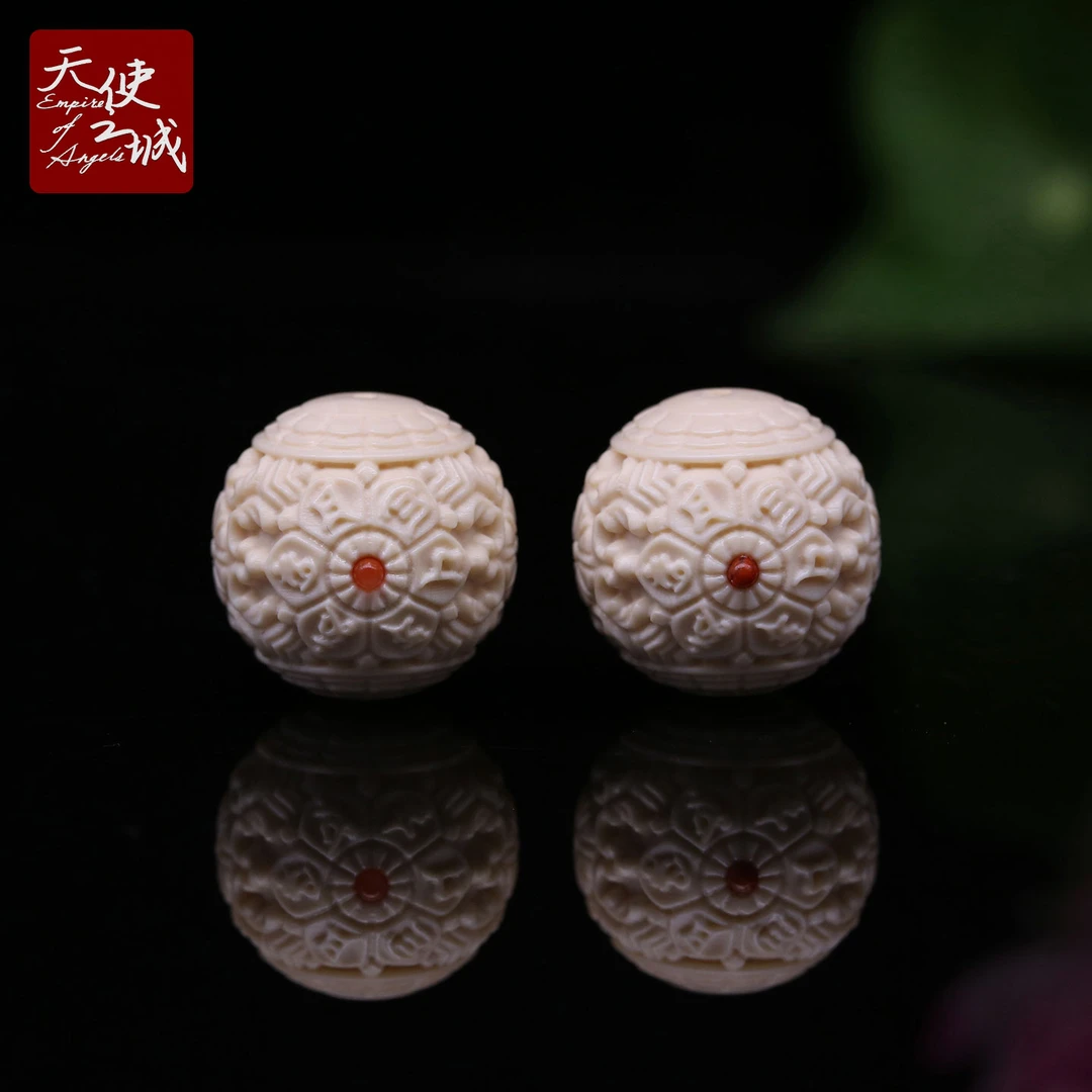 天然猛犸象牙六字箴言圆珠散珠