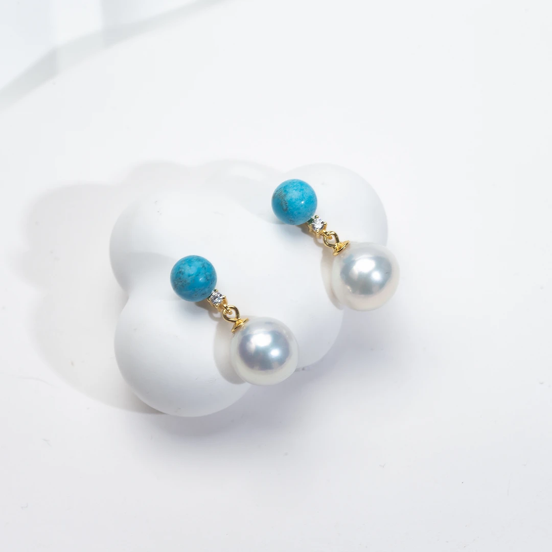 【松绿】天然淡水珍珠8-10近圆巴洛克微瑕耳坠配人工培育绿松耳环