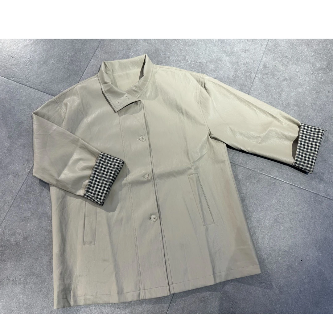 【冯七七】5056袖口黑白格新款皮衣