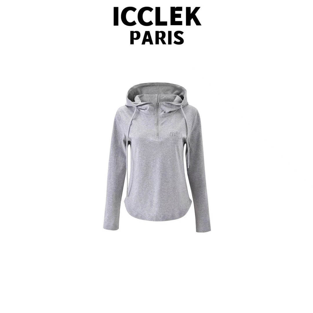 ICCLEK 灰色抽绳连帽气质轻奢名媛宽松慵懒风打底  -  5995