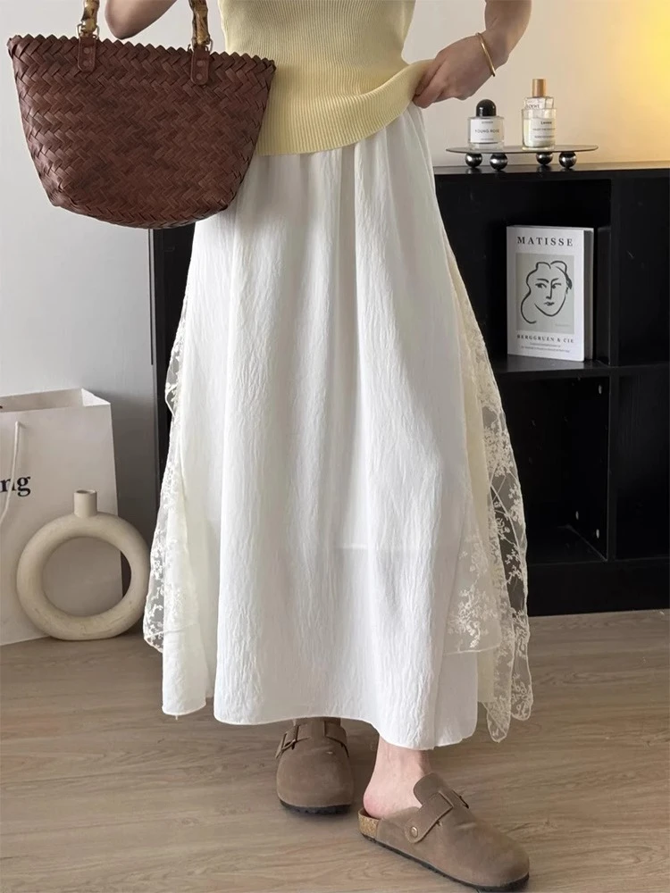 白色蕾丝拼接半身裙夏新款胖妹妹遮肚显瘦梨形身材a字伞裙中长款