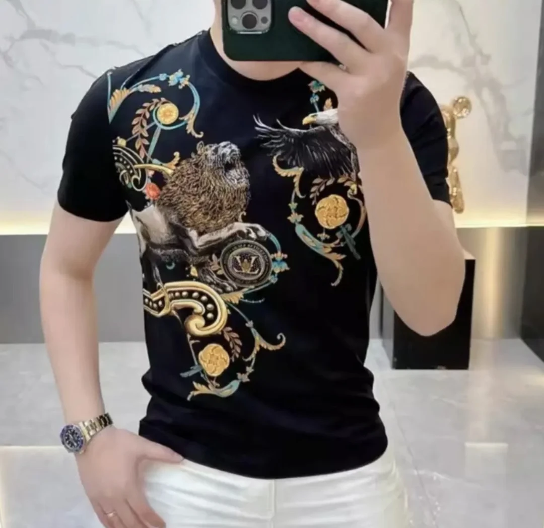 夏季新款高端定制男士圆领T恤修身时尚气质百搭弹力短袖网红轻奢