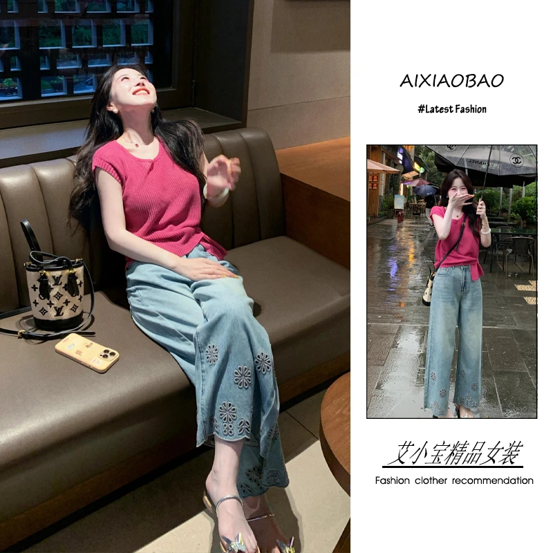 夏季2025年新款女装韩系穿搭温柔风显瘦显瘦短袖镂空牛仔裤两件套