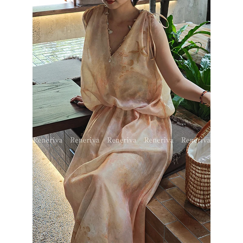 ReneRiva买手店 ODTD 晕染海洋印花系带连衣长裙