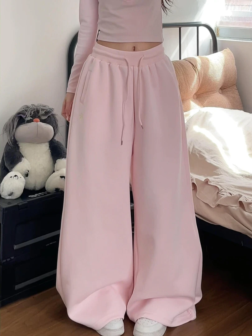 美式甜酷辣妹粉色阔腿加绒卫裤女宽松休闲慵懒街舞抽绳拖地长裤子