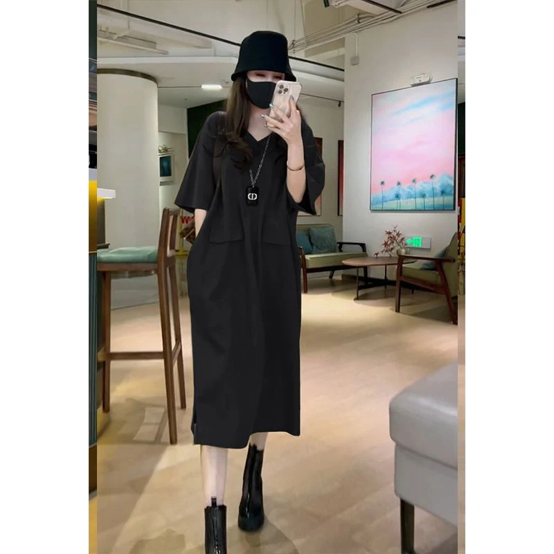 欧货夏季口袋大码宽松显瘦裙女2025新款韩版连衣裙中长款过膝长裙