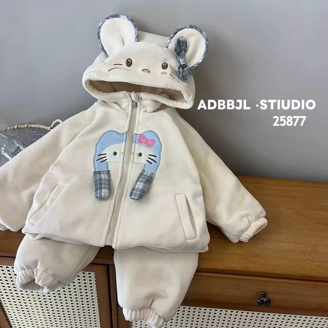 女童加绒加厚卡通刺绣套装秋冬保暖洋气时髦韩版冬装外套卫裤