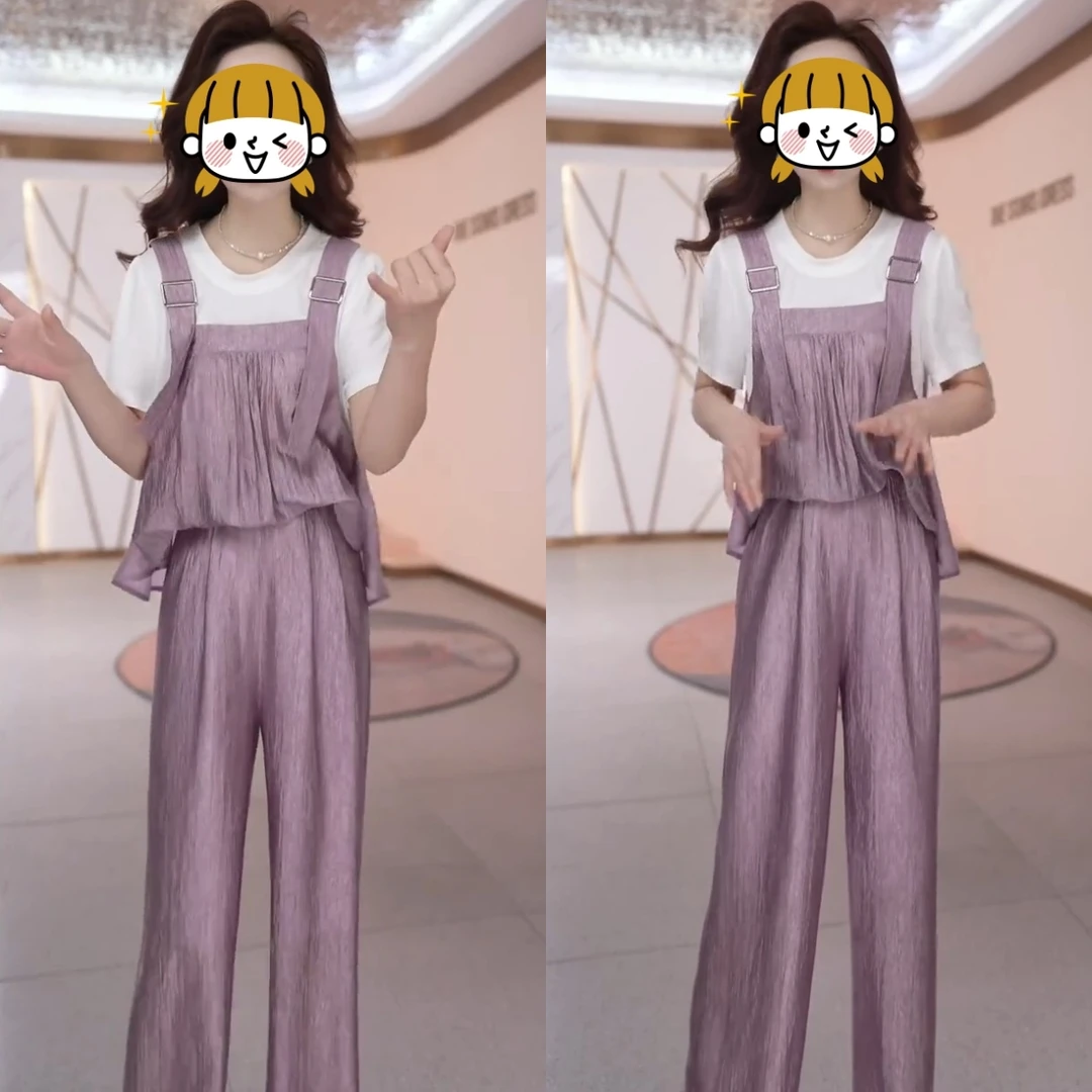 2025夏季新款时尚小个子气质显瘦背带短袖上衣阔腿裤子两件套装女