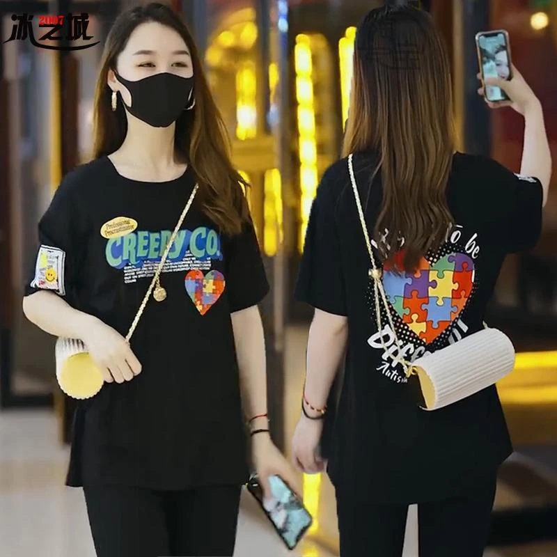 短袖宽松T恤女夏装2025新款薄款韩版胖mm显瘦藏肉遮肚子印花上衣