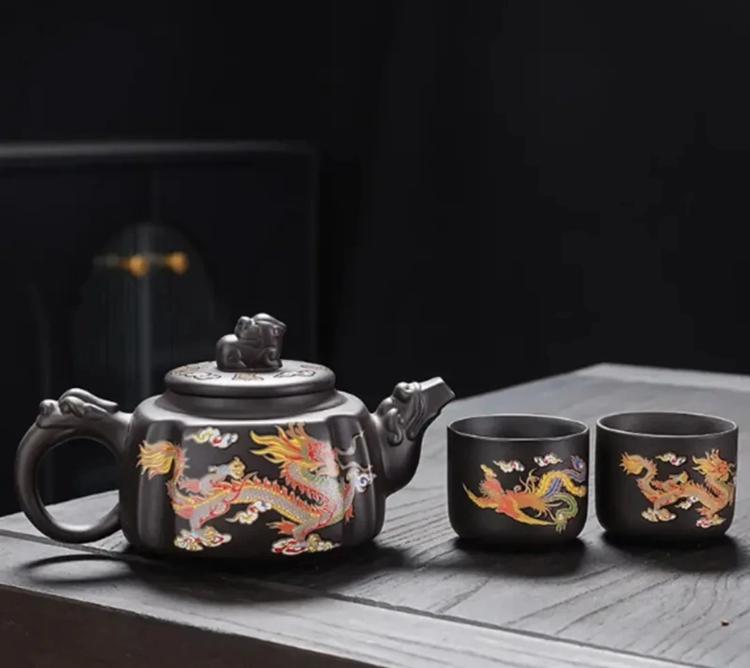 330cc龙凤呈祥四方凤鸣壶一壶两杯带壶绳（变色扳指对杯）家用