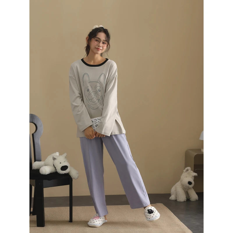 【美家臣】睡衣女春秋季新款针织棉长袖套装卡通小狗宽松大码可外