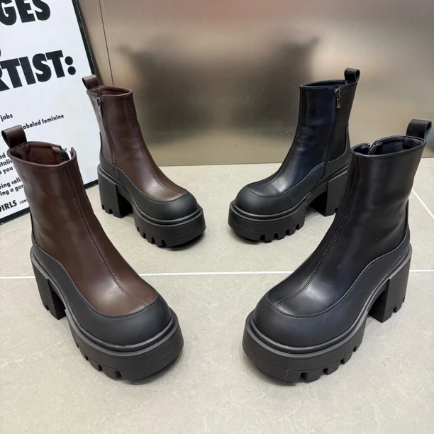 富109-13新款厚底松糕粗跟冬季加厚时尚马丁靴跟高8公分增高洋气