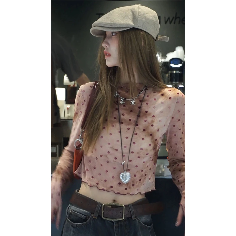 【波点网纱T】夏季新款小众设计薄款波点长袖T恤 ZZT25313