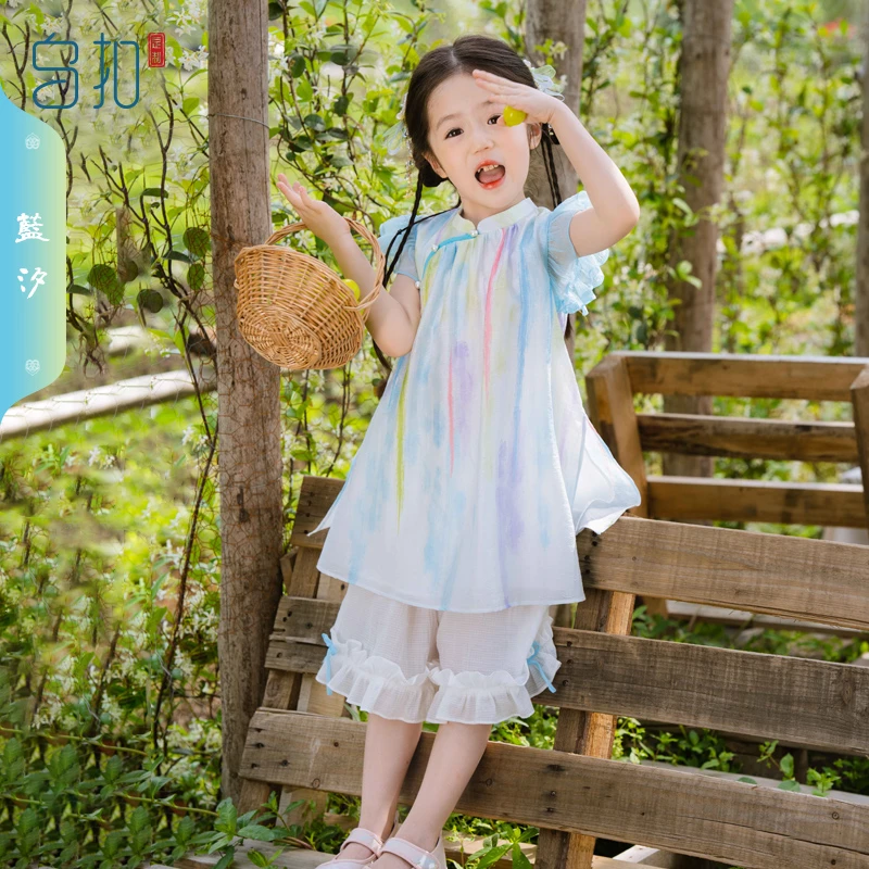 乌扣蓝汐 女童旗袍新款夏季儿童中国风新中式古风夏装套装