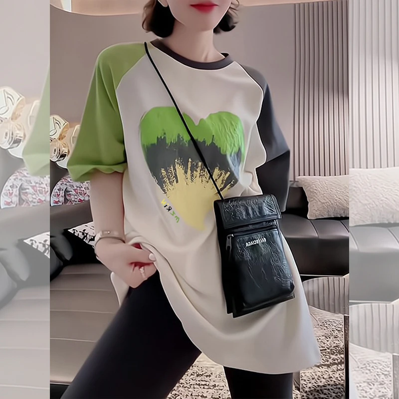 撞色插肩短袖t恤女夏2025新款美式渐变爱心潮牌宽松上衣oversize