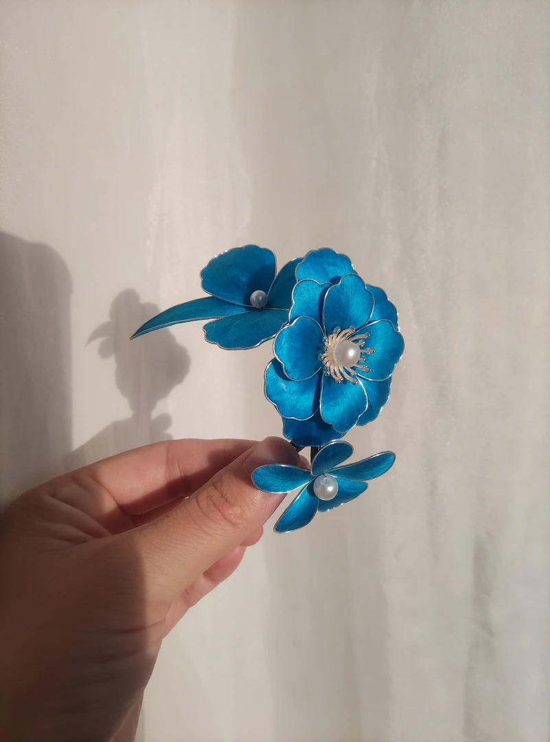 蓝色掐丝绒花发簪