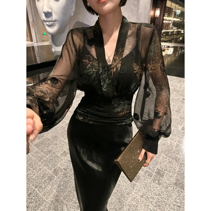 XULU原创夏季剪花波点烫金中式优雅透视上衣显身材修身内搭两件套