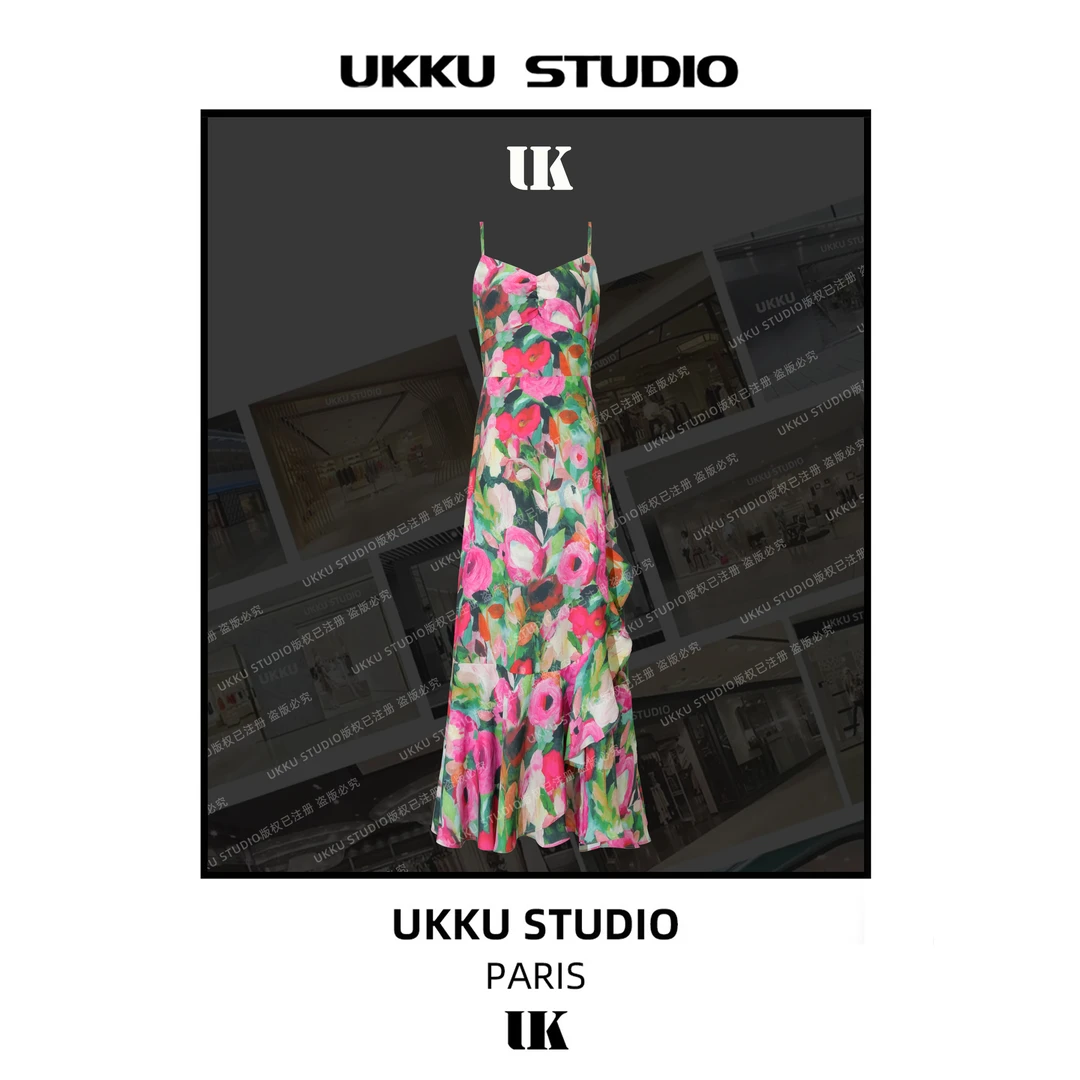 丹丹【UKKU STUDIO】【玫瑰庄园】收腰碎花吊带连衣裙213878
