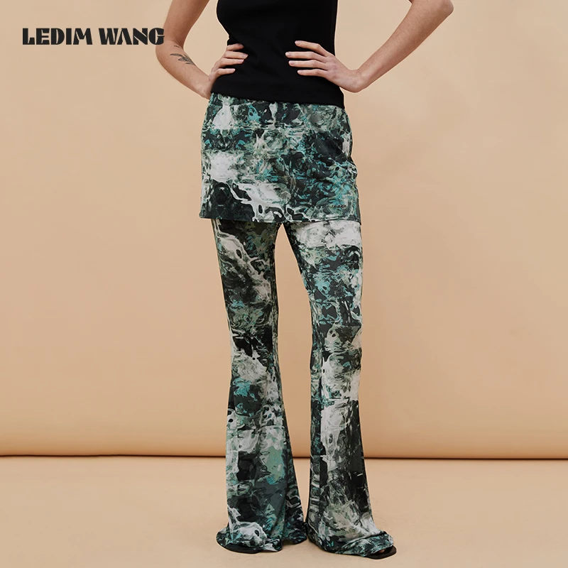 ledim wang印花弹力喇叭裙裤女松紧腰显腿长迷彩薄款垂感长裤
