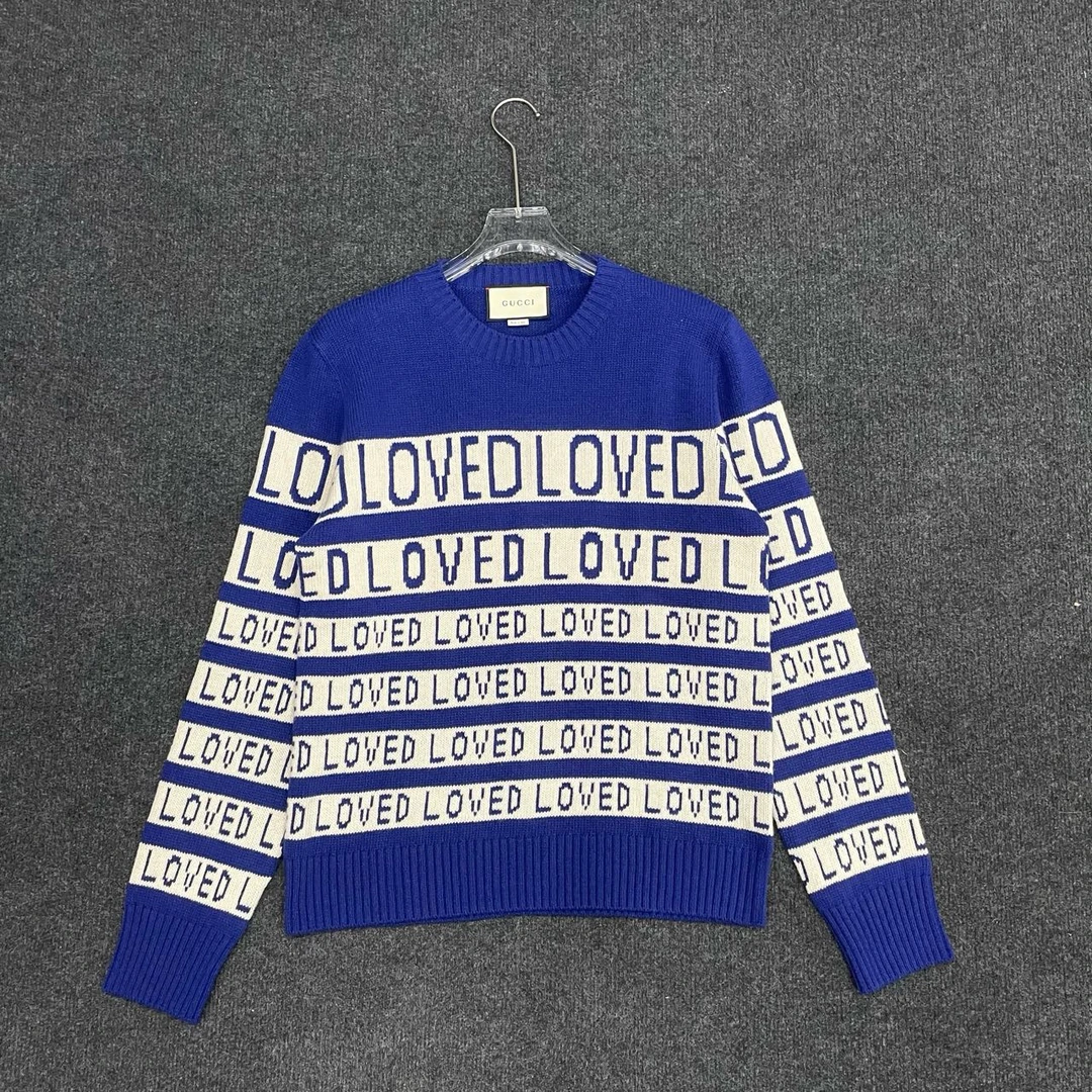 99新 GUCCI/古驰 Love字母印花拼接羊毛毛衣/尺码L