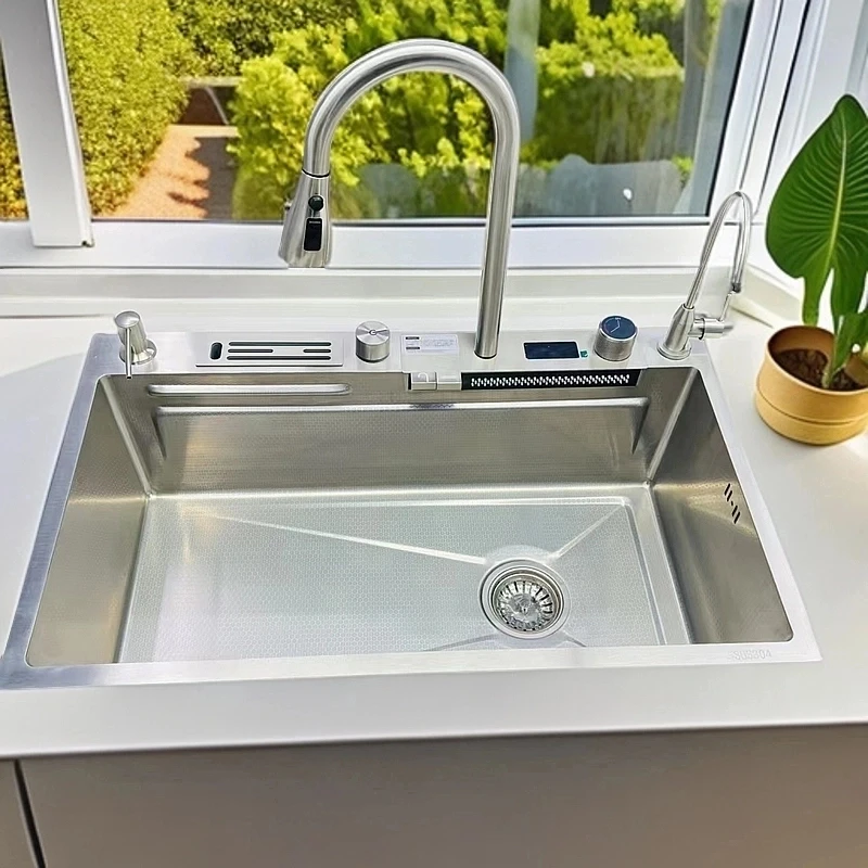 【5.0】数显原色食品级304飞雨瀑布多功能加深加厚大单槽厨房洗菜盆