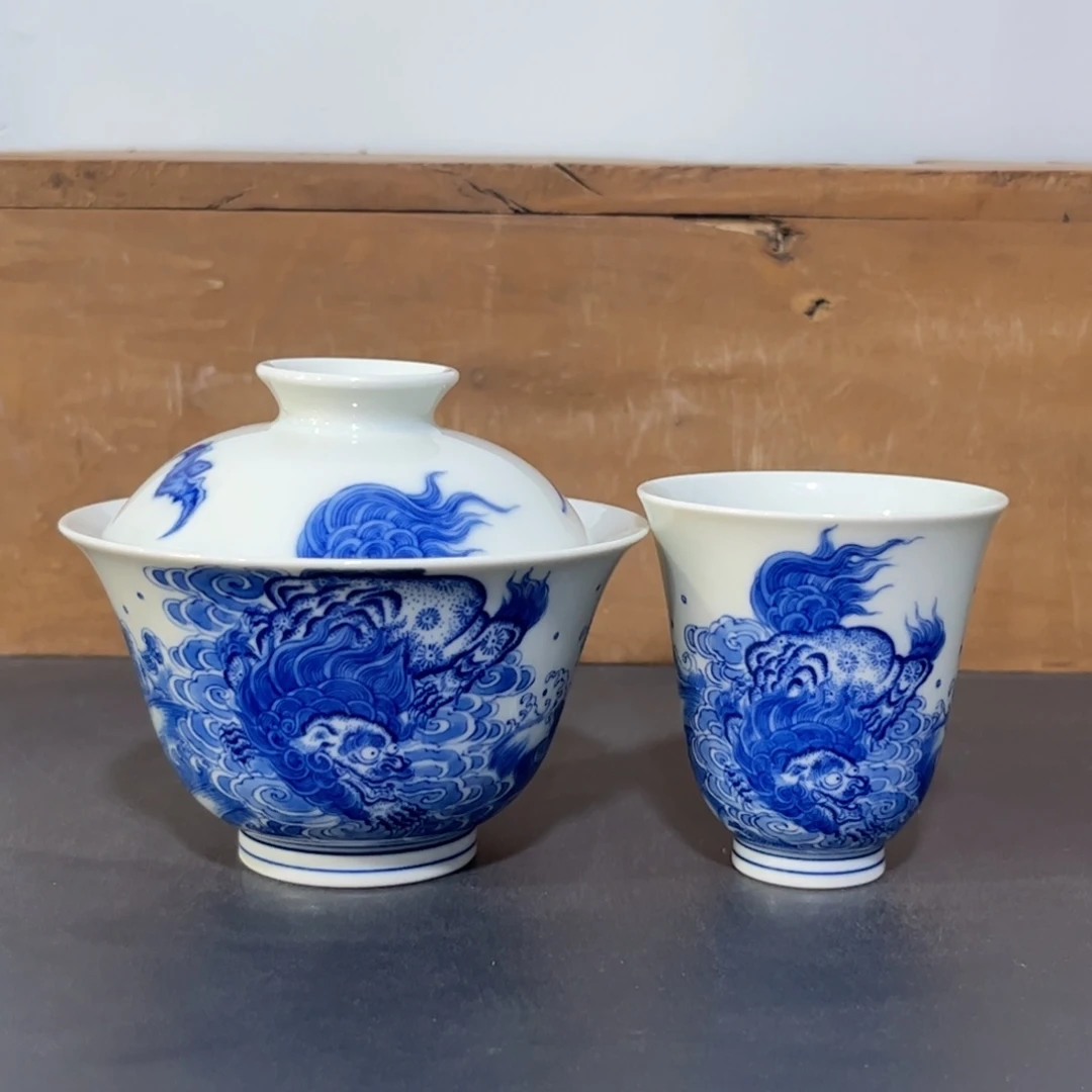 仿清青花狮子踏浪两件套 可拆分