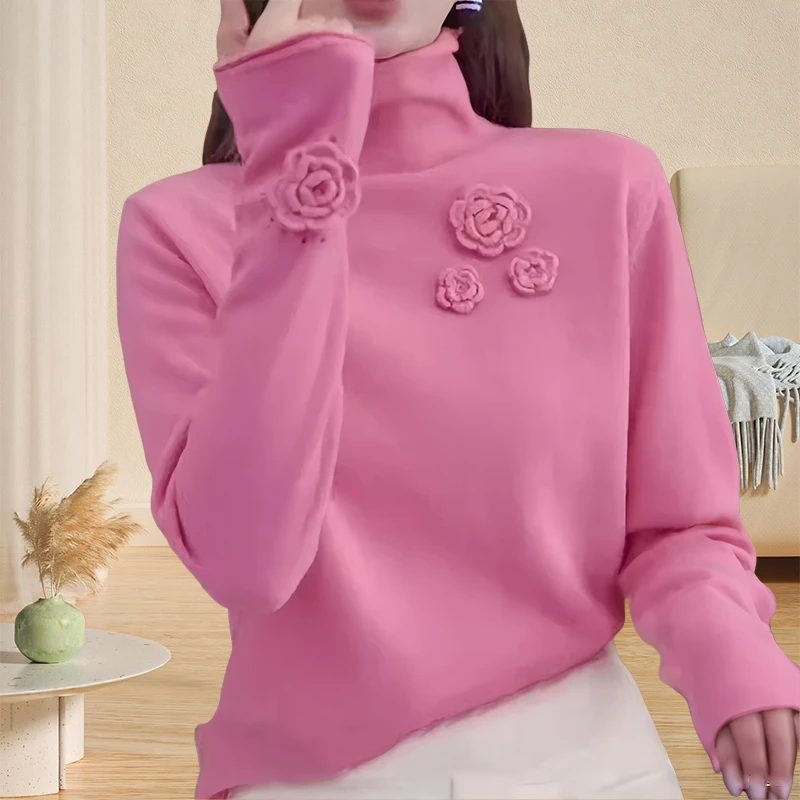 粉色小香风气质减龄长袖半高领立体花朵刺绣针织衫秋款甜美毛衣女