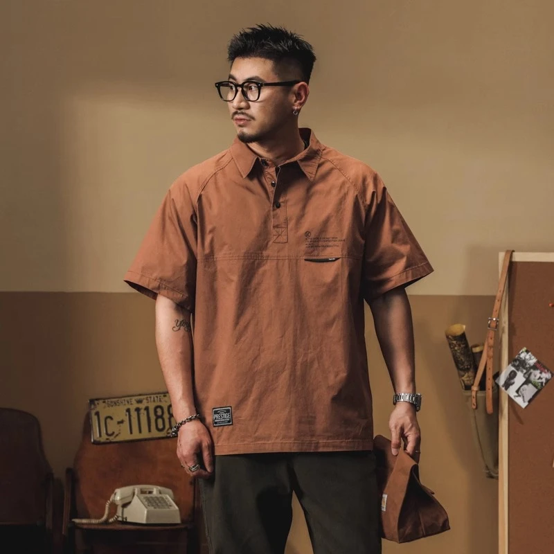 美式polo衫男宽松大码夏季潮牌翻领衬衣半袖T恤工装短袖衬衫纯棉T