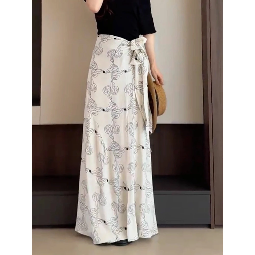 设计感温柔风印花系带半身裙2025年夏季新款时尚慵懒风垂感包臀裙