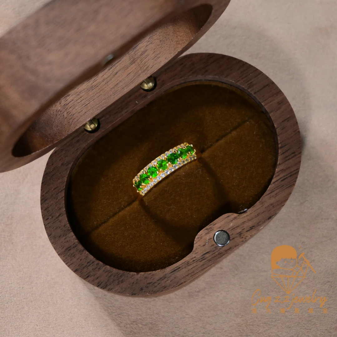 天然透辉石原矿宝石排戒复古金色气质复古礼物925银