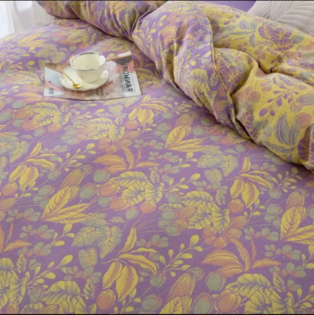 紫色郁金香-床单  美拉德系列双层纱布料2.3*2.5包边