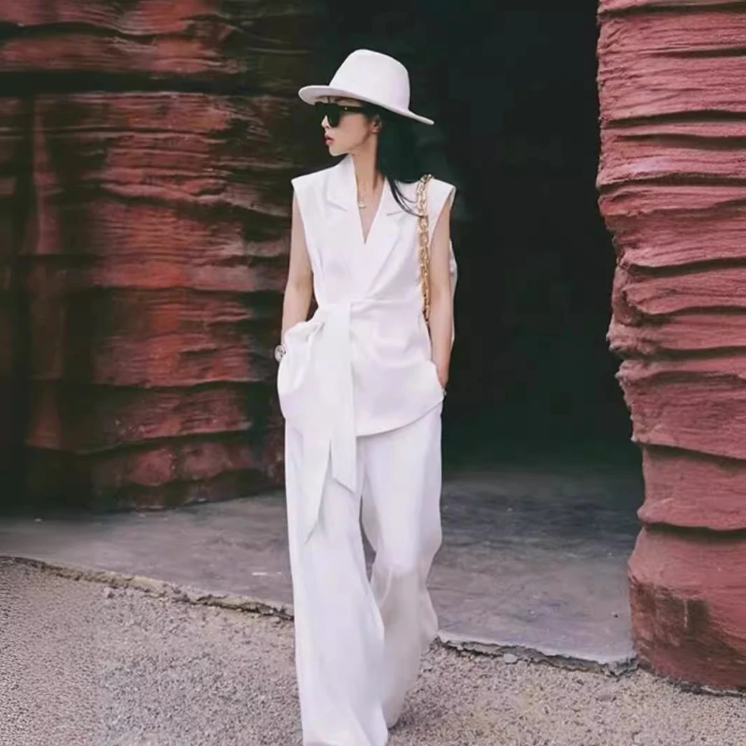 夏季薄款白色系带时尚阔腿裤无袖西装马甲套装女高级感洋气两件套