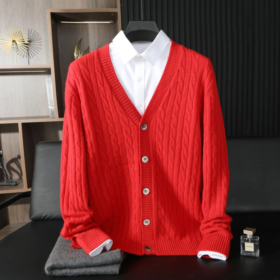 不议价】男士纯山羊绒V领时尚经典重磅扭花加厚款针织长袖系扣开衫