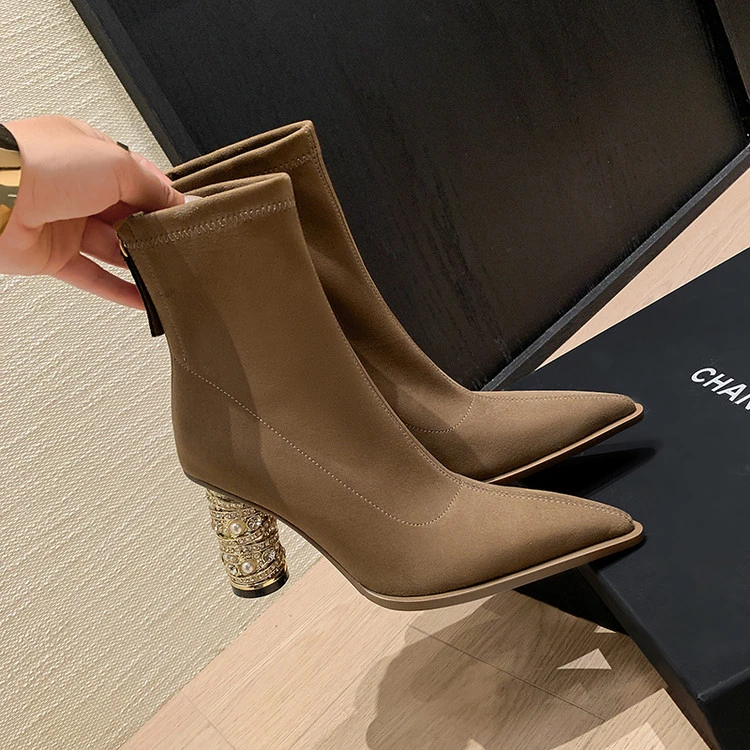 8cm~法式尖头粗跟弹力瘦瘦靴2025秋冬新款绒面短靴气质高跟时装靴