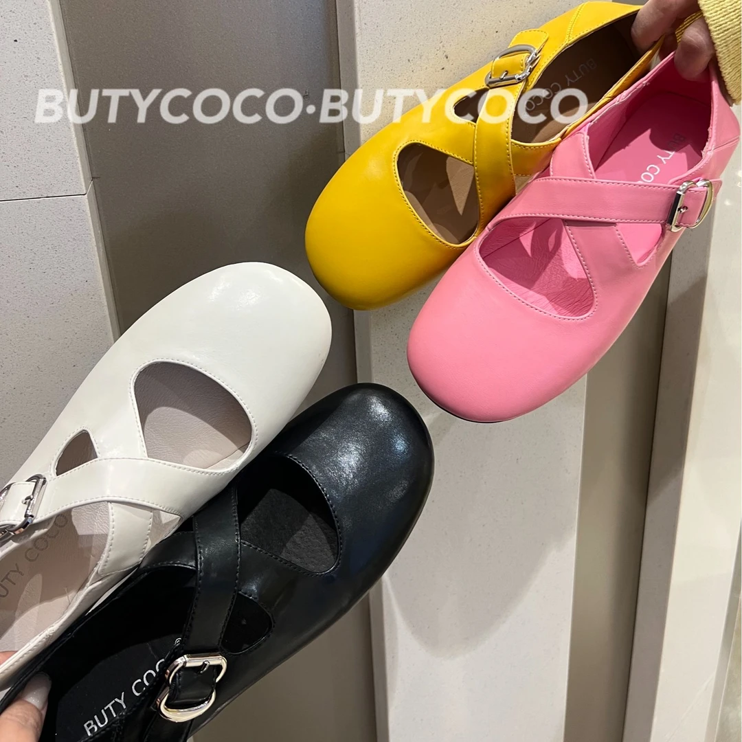 2025春夏新款圆头真皮浅口交叉带扣时尚百搭平底舒适女单鞋757-7