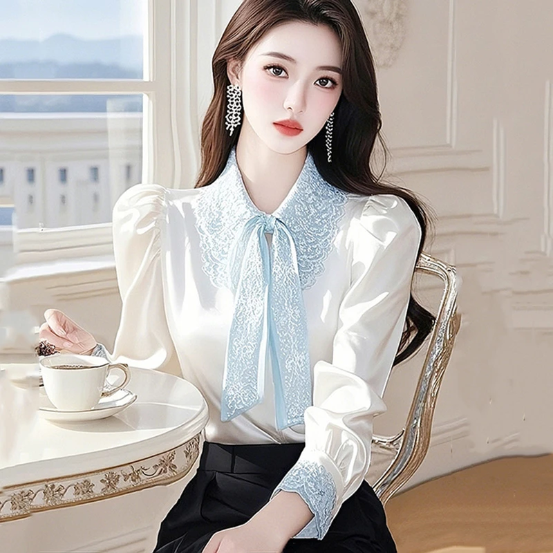 高级感气质蕾丝白色缎面衬衫女2025春季今年流行轻奢洋气减龄衬衣
