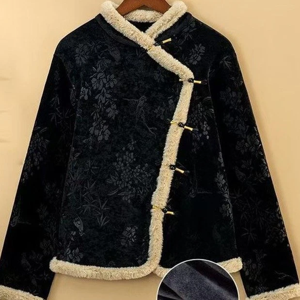 新中式加绒丝绒小衫时尚长袖气质复古国风立领秋冬打底外穿女士