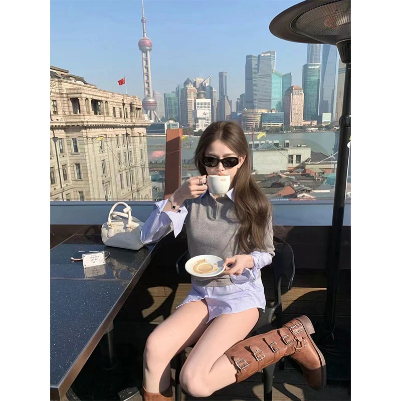 2025年早春中长款拼接衬衫假两件长袖针织衫上衣女设计感时尚风格