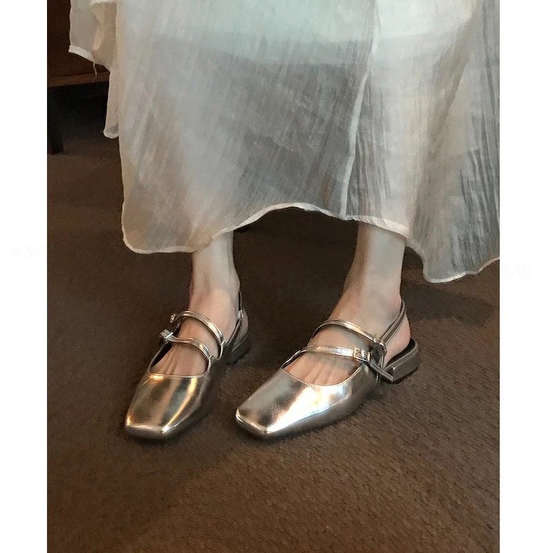 法式低跟银色凉鞋女仙女风晚晚后空单鞋玛丽珍鞋方头粗跟