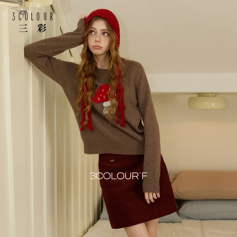 三彩独醒2025冬季新款刺绣毛衣圆领针织衫宽松毛衫套头F