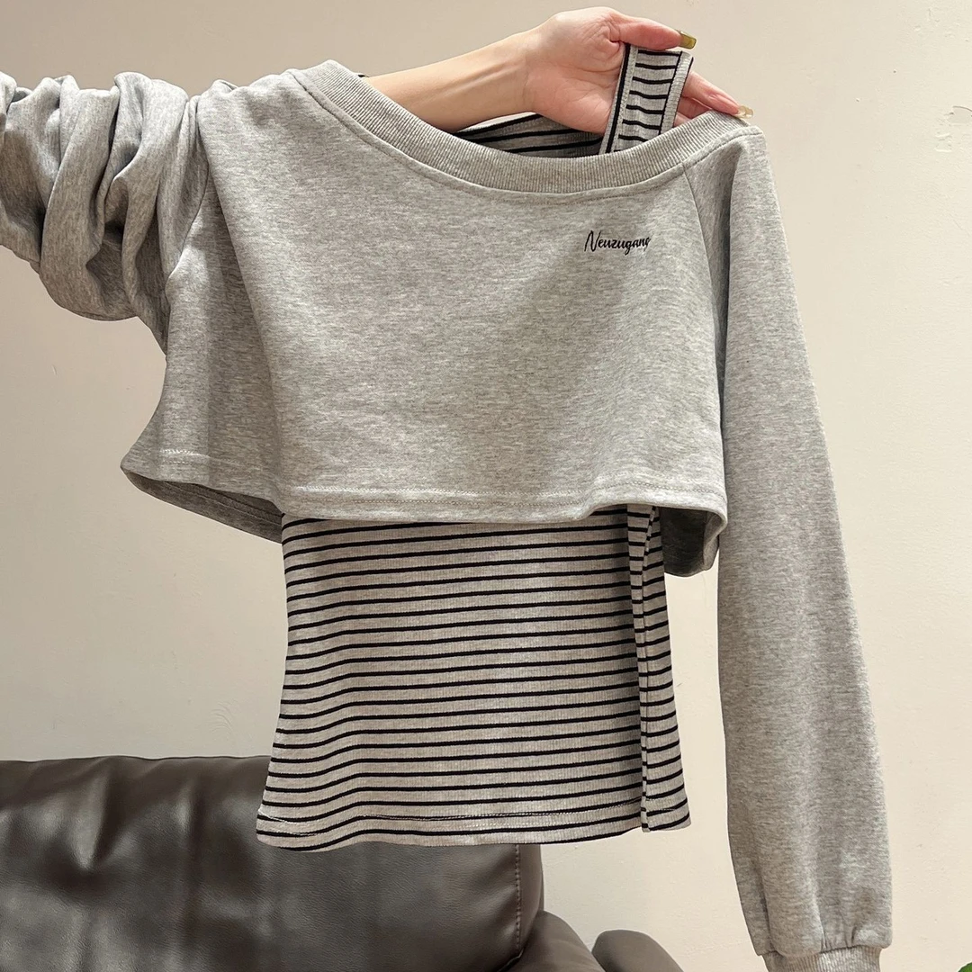 夏珍花灰色斜肩长袖条纹卫衣女2025秋季设计感搭配背心两件套上衣