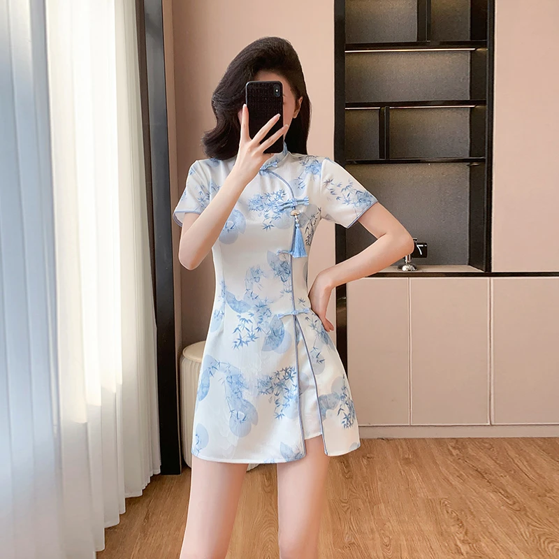 夏季显瘦短款时尚性感提花印花气质改良旗袍小个子日常甜美两件套