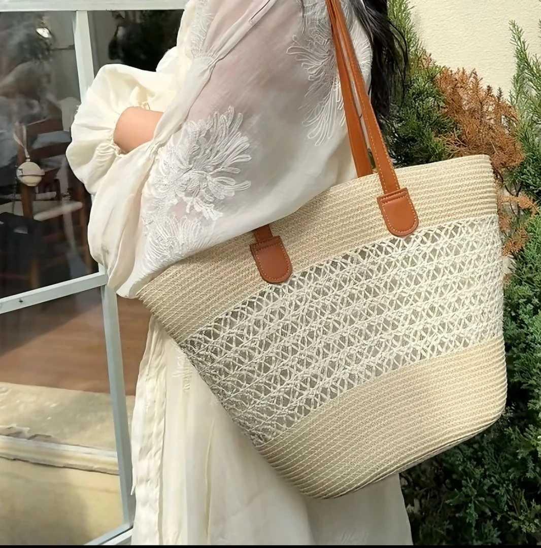 镂空特色草编包女大容量编织菜篮子夏日沙滩包法式单肩通勤托特包