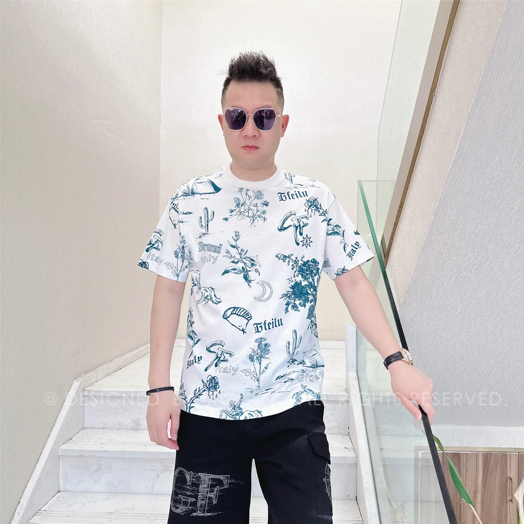 夏季（微阔版）GF多种植物字母图案男士品质高端奢侈品时尚短袖T恤