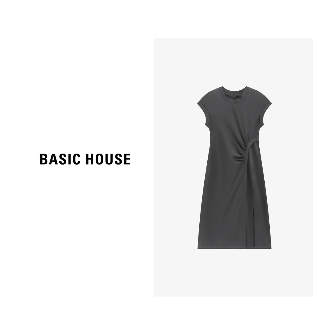 Basic House/百家好气质女士黑色圆领开叉不规则长裙-B0625B59622
