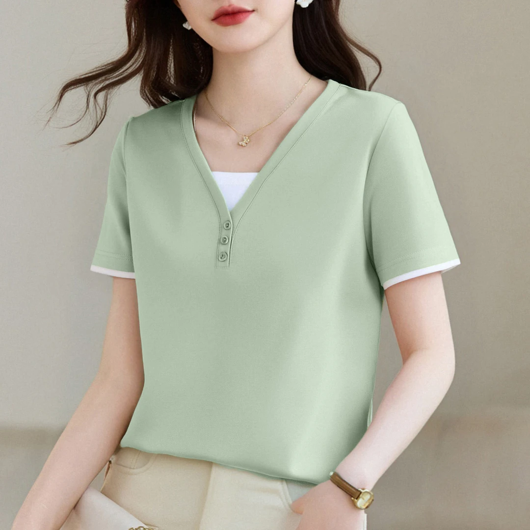 【精梳棉V领正肩短袖】2025夏季新款t恤女士时尚显瘦半袖设计感上衣