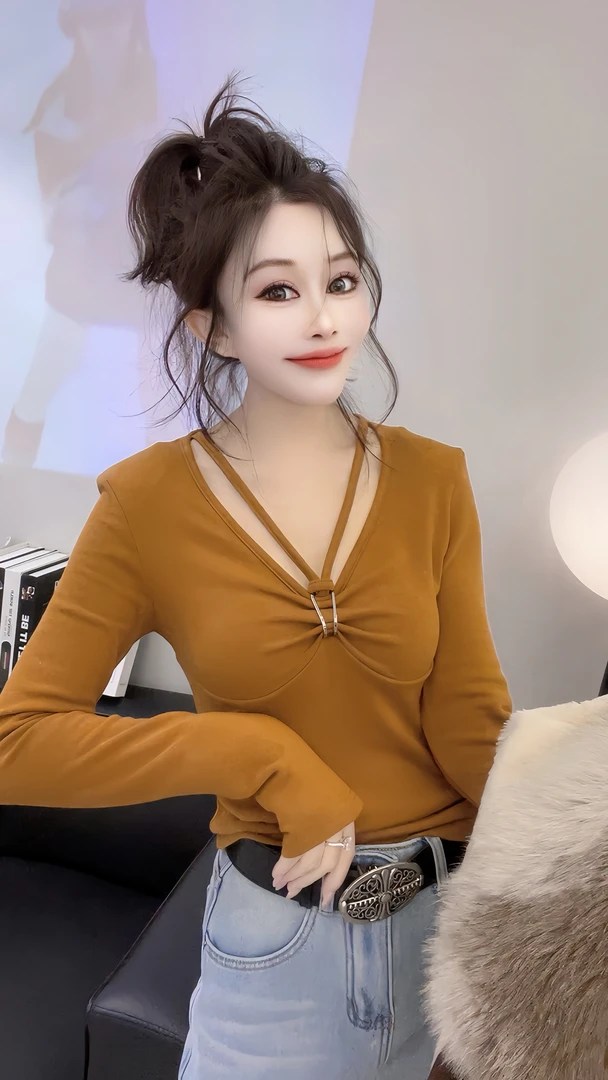 秋季新款大码百搭法式复古挂脖长袖T恤磨毛修身显瘦打底衫上衣潮