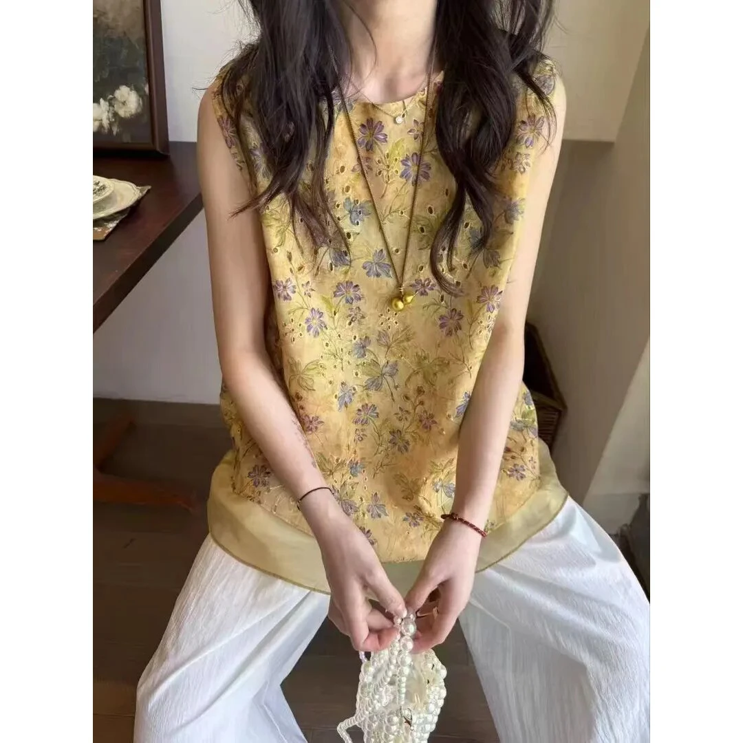 新中式国风连衣裙2025夏季新款圆领印花短袖背心裙中长款潮提花